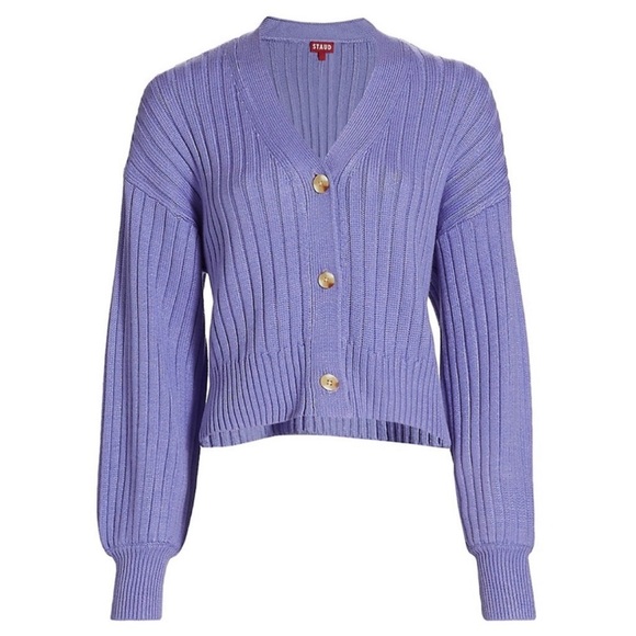 NWT STAUD Eloise Cardi Sweater Knit Ribbed Long Sleeve Cardigan Purple Large - Picture 1 of 14